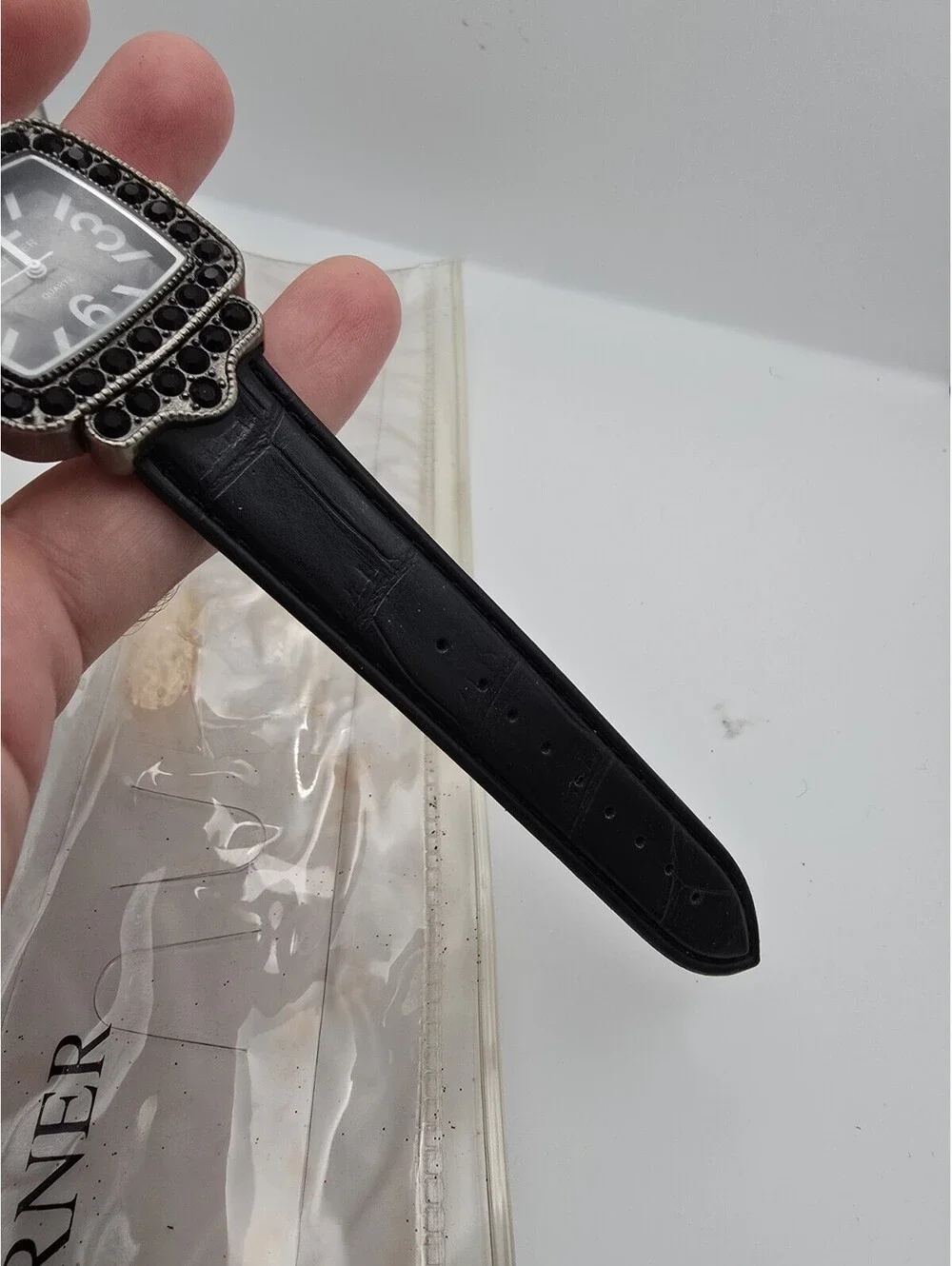 Bijoux Terner QA3368L Ladies Square Black Rhinestone Bezel Quartz Watch Leather